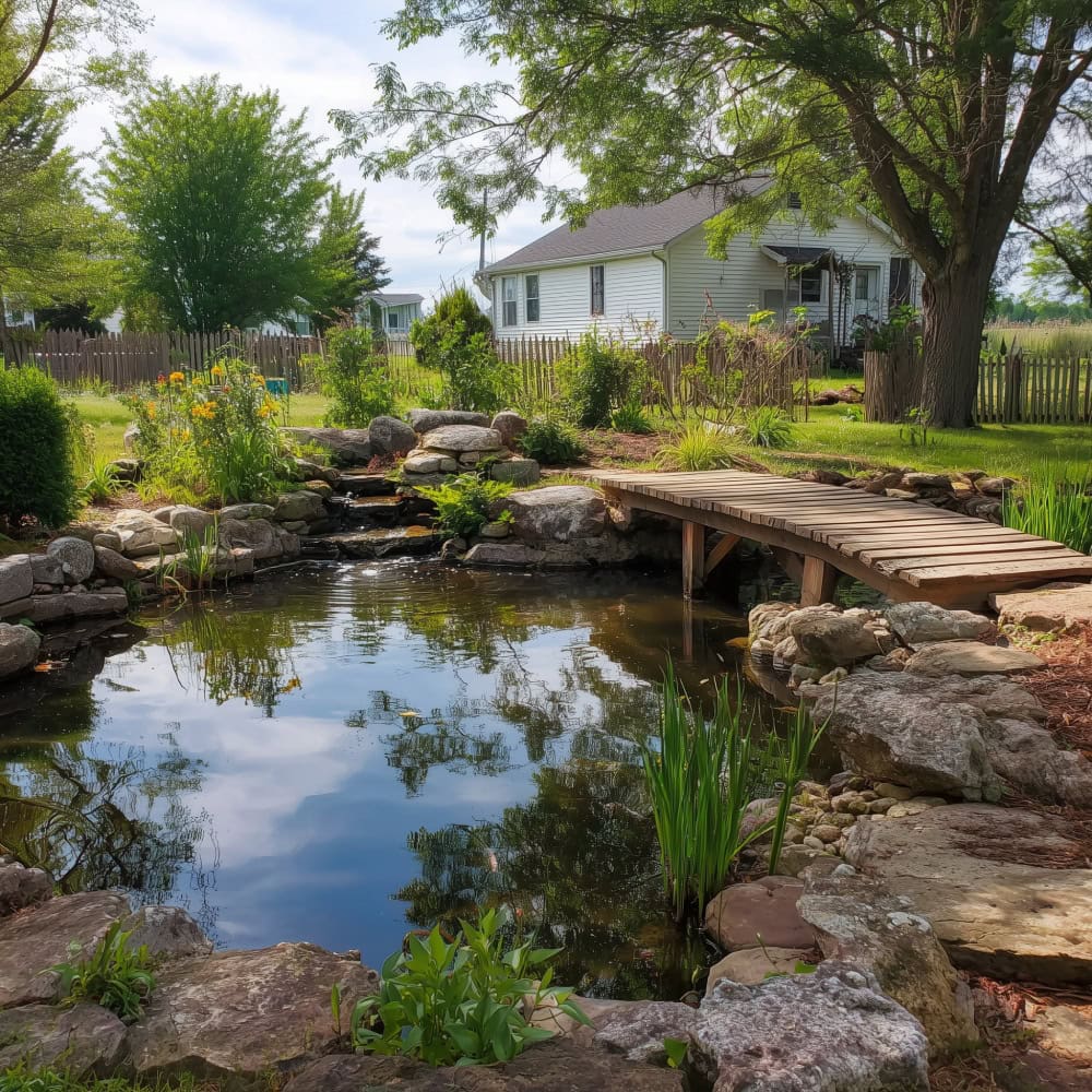 Small pond with simple bridge in US backyard