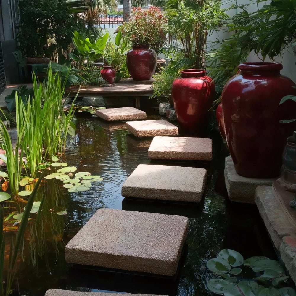 Oriental-themed pond with stepping stones and crimson jars