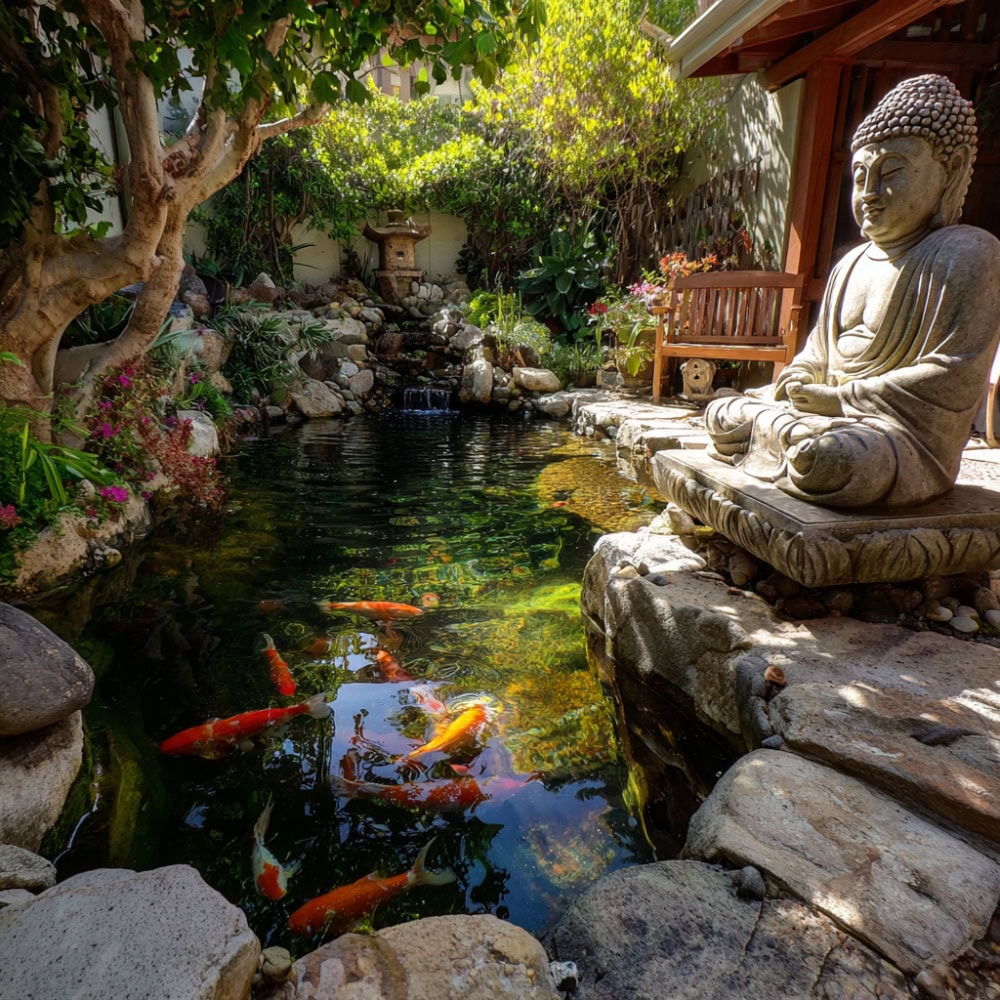 Asian-style koi pond with Buddha statue
