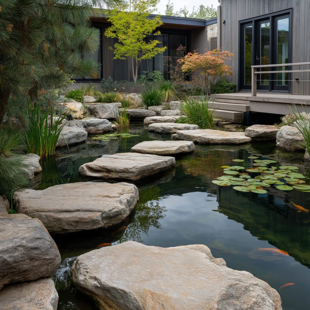 Rocky koi pond with stepping stones in modern backyard