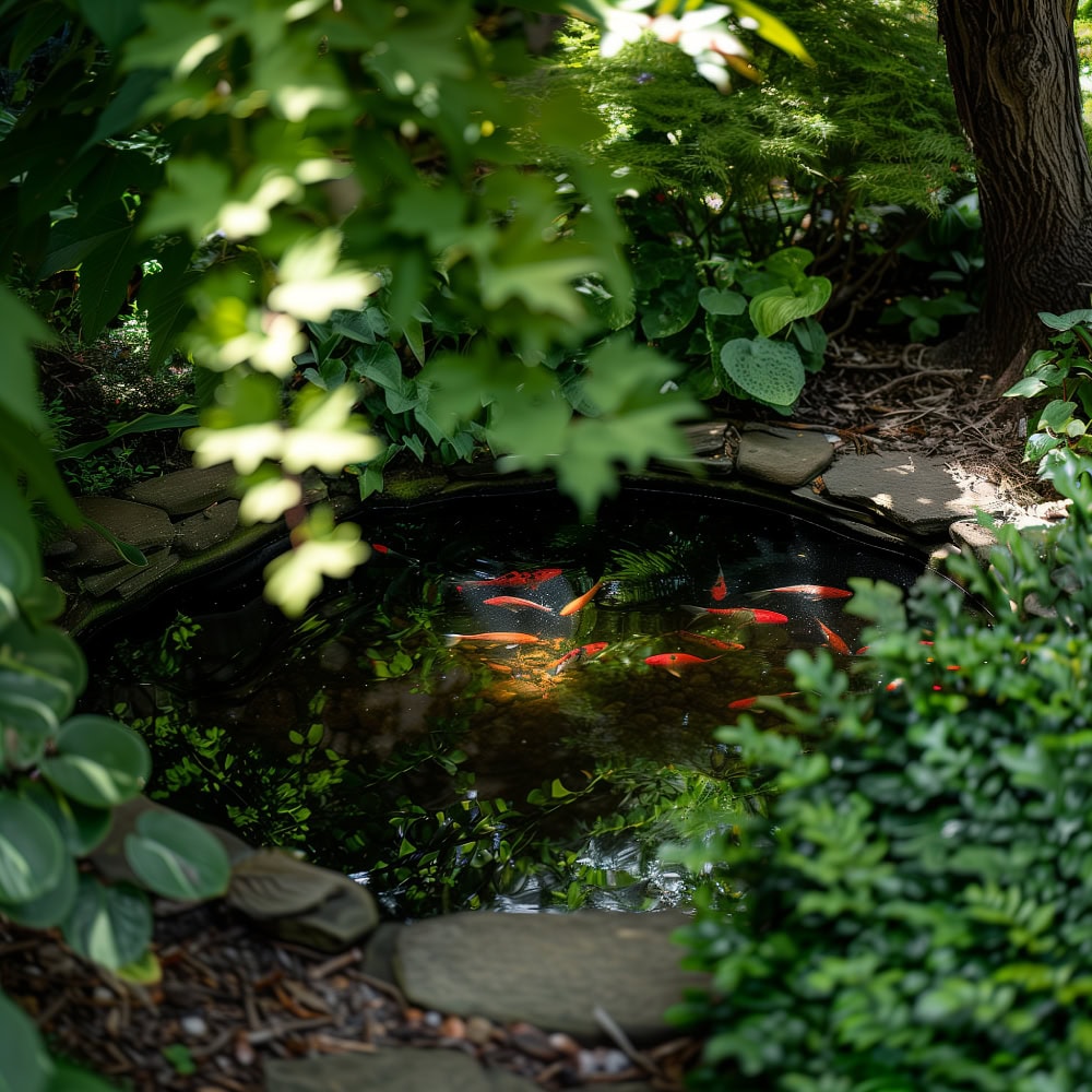 Goldfish pond with overhanging foliage
