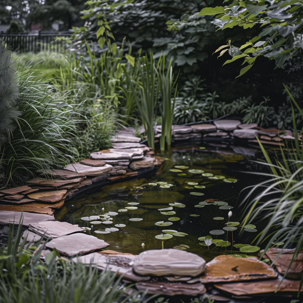 Small pond with stone slabs