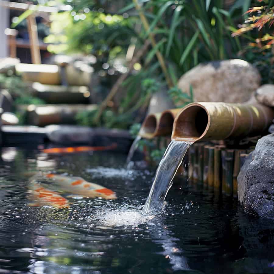 Koi pond with bamboo spouts