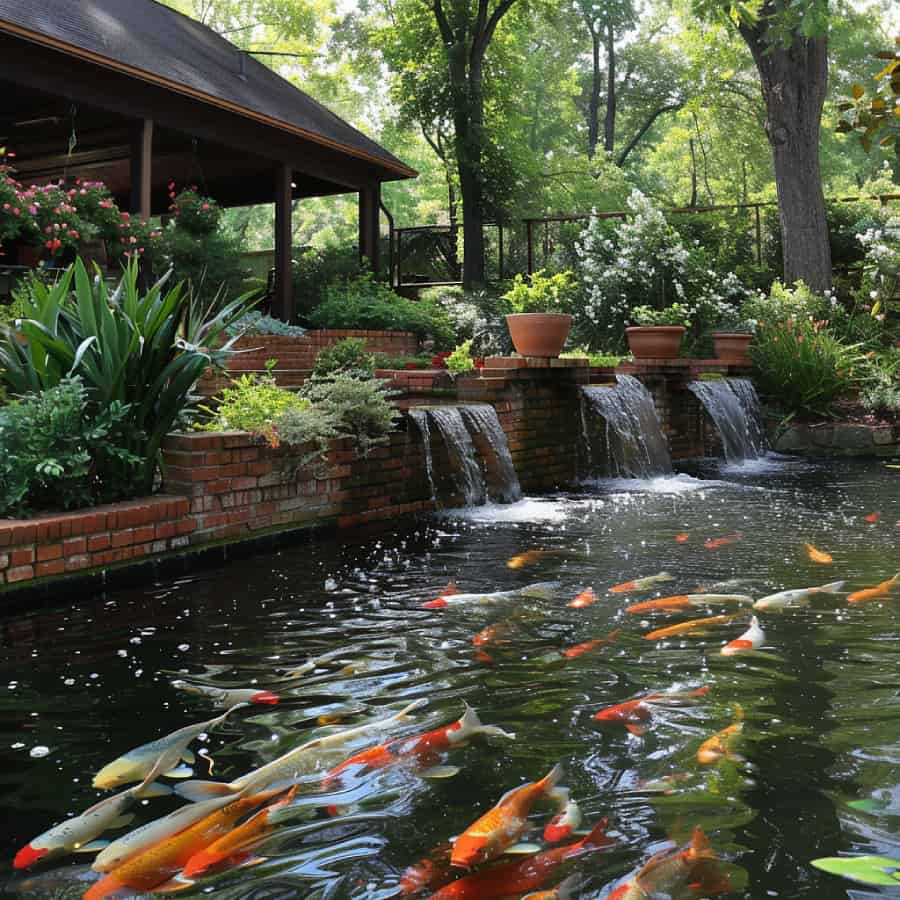 Brick spillway as a waterfall in a koi pond