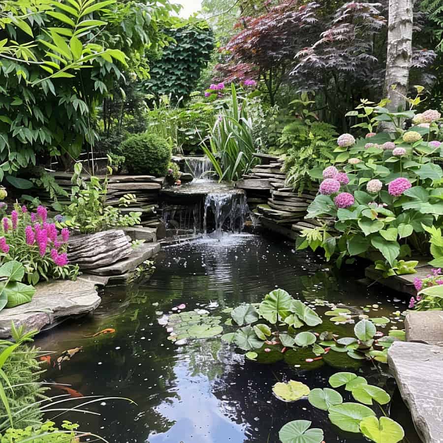 Koi pond surrounded by ornamental plants