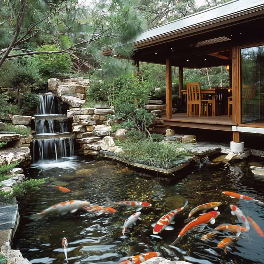 Koi pond waterfall with levels of different widths