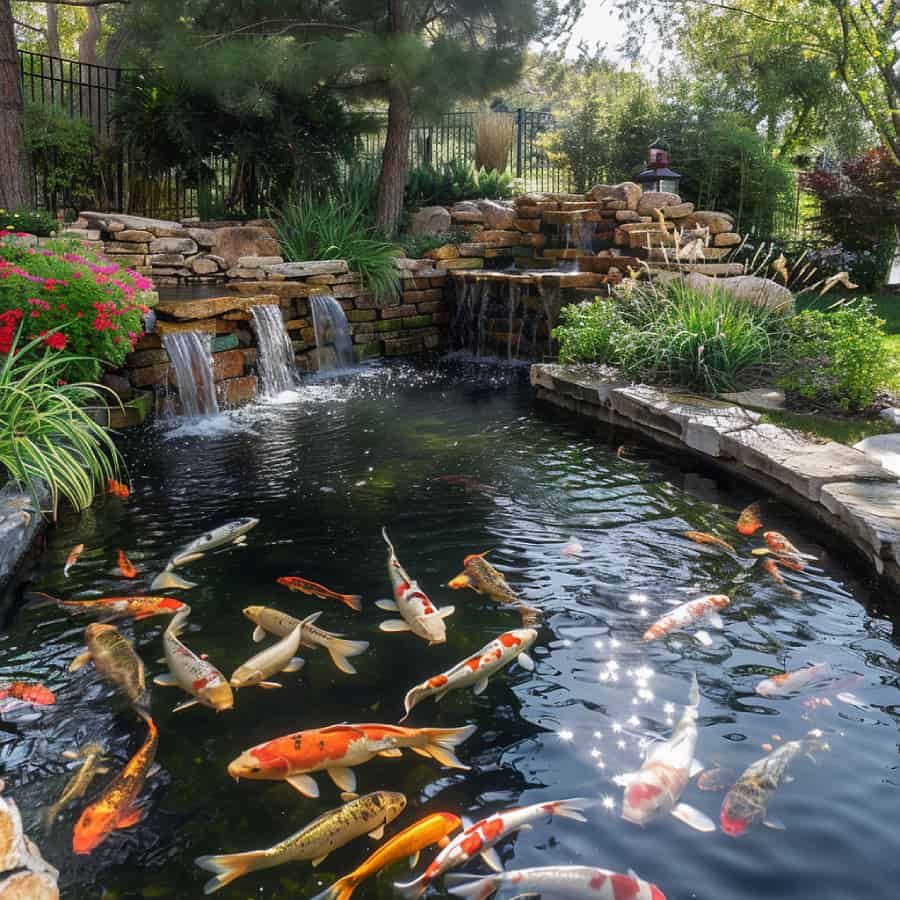 Koi pond with multiple cascades on one side