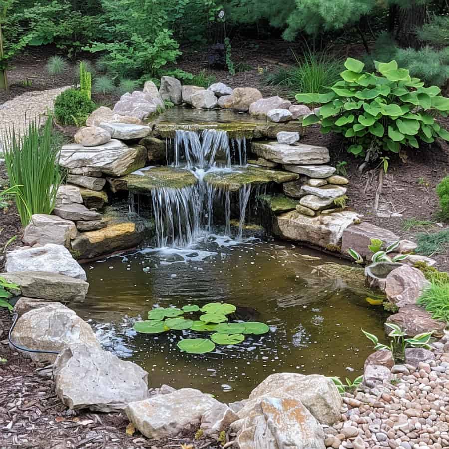 Pond waterfall with multiple tiers of divided water curtains