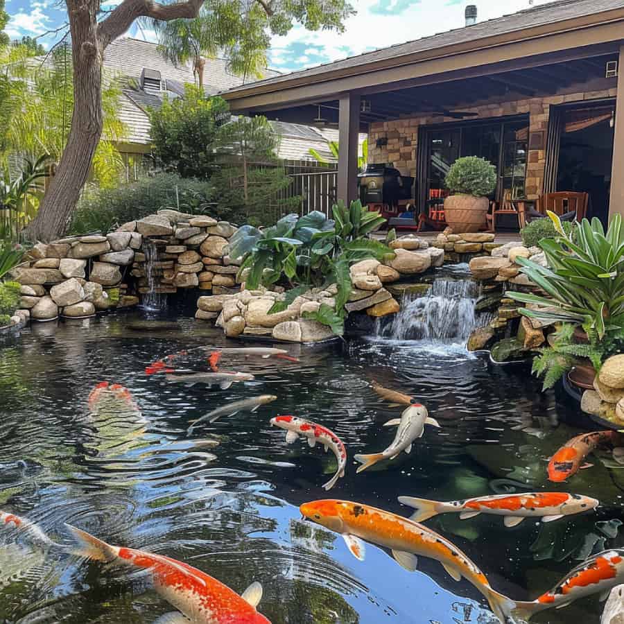 Koi pond with two waterfalls