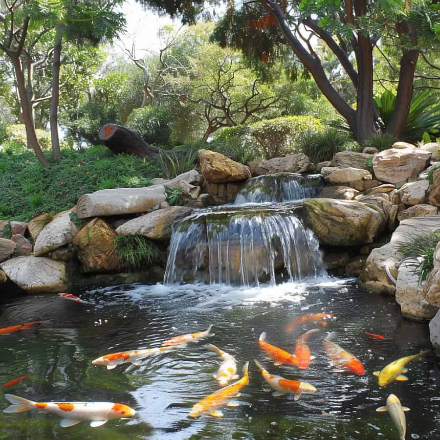 Koi pond with natural stone waterfall
