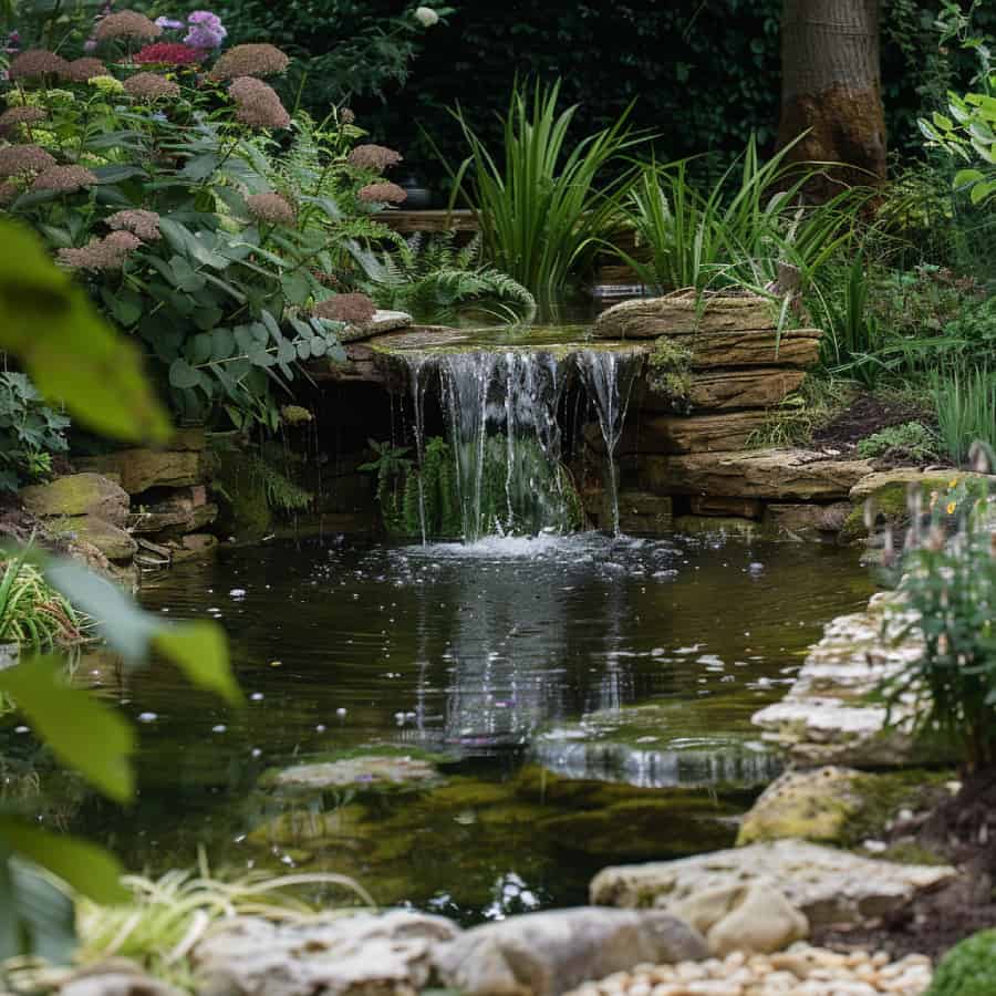 Pond waterfall with semi-aquatic grasses and trailing plants