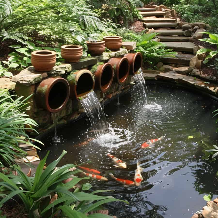 Koi pond with clay pipes