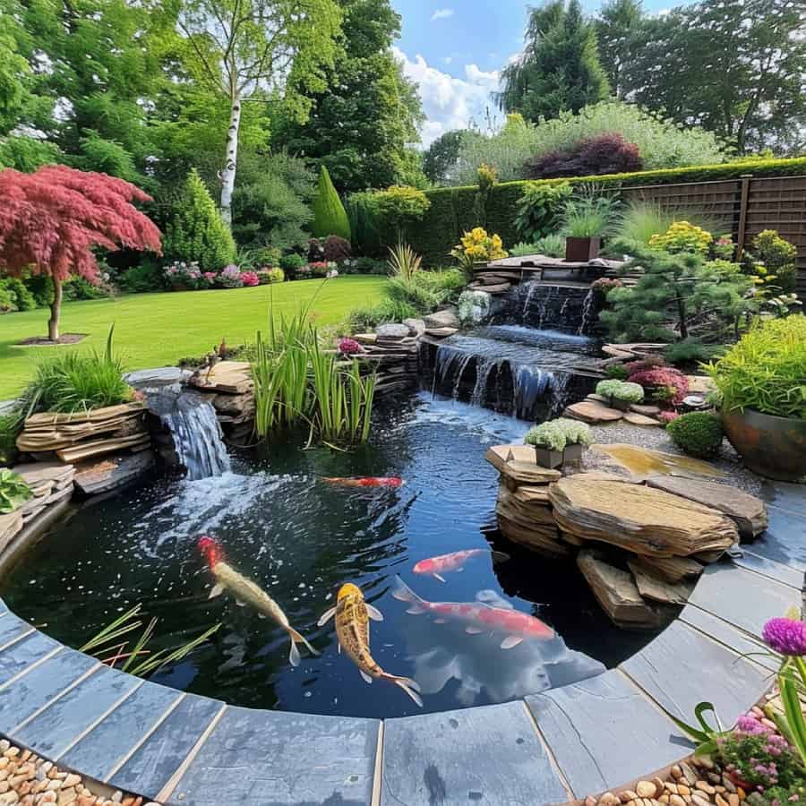 Koi pond with waterfall and smaller spillway