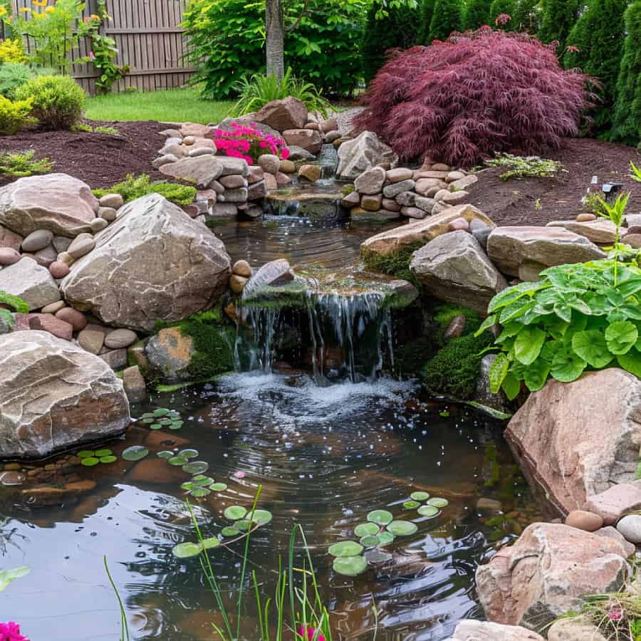 Pond waterfall with varying tier heights