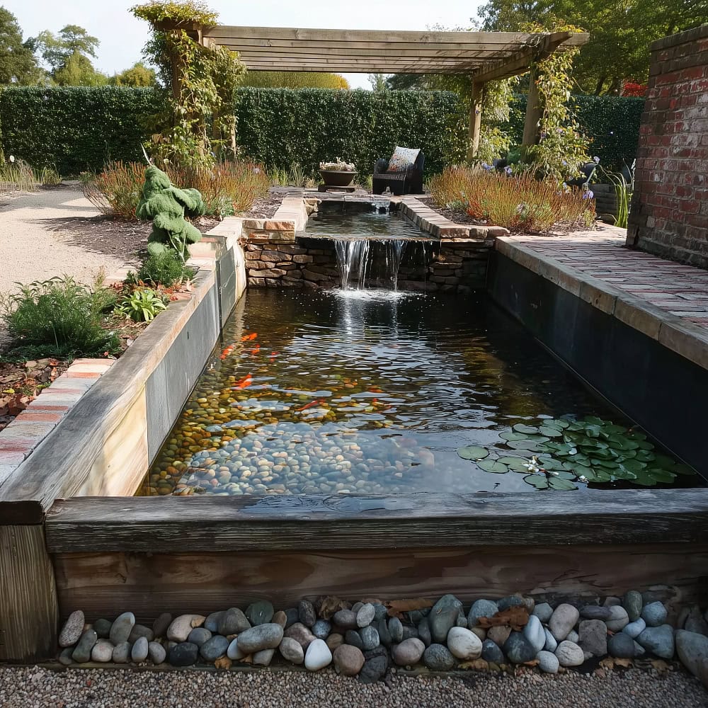 Raised koi pond with built-in spillway