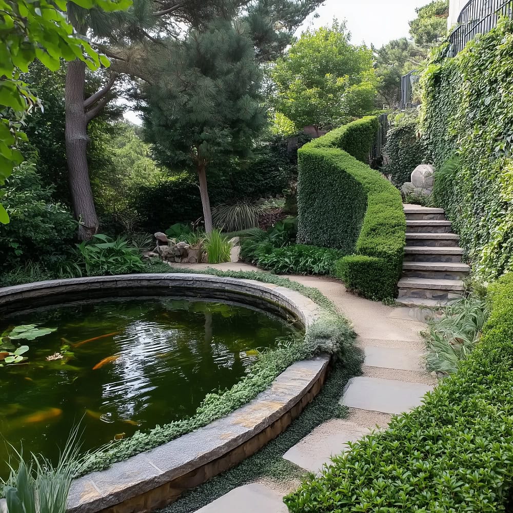 Raised circular koi pond with pathway and trimmed hedges