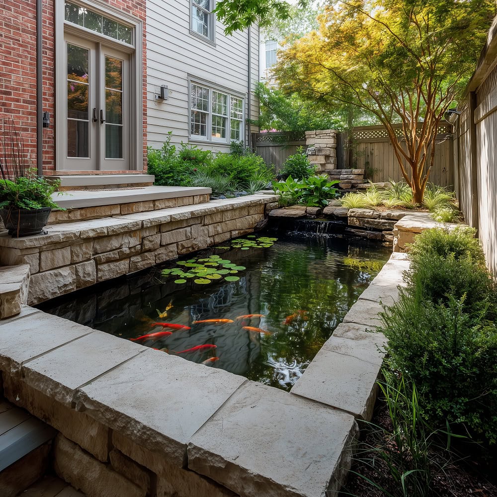 Backyard raised koi pond with stone slabs and limestone bricks