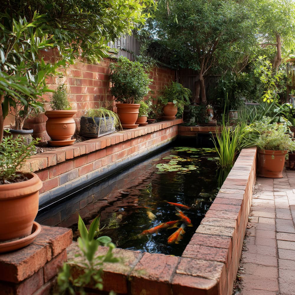 Raised brick koi pond with terracotta pots