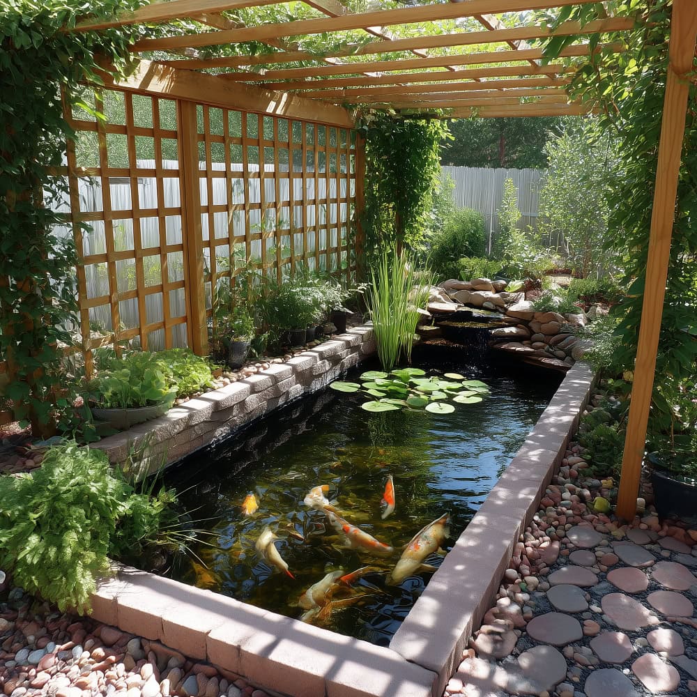 Raised koi pond under a trellis