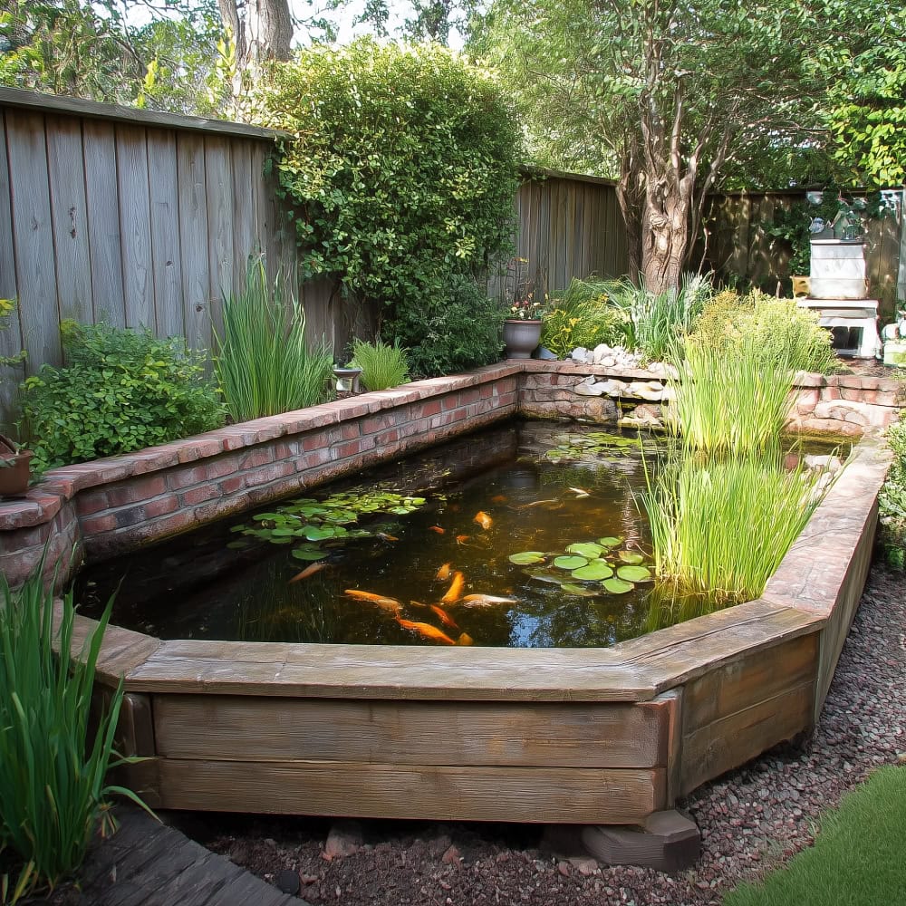 Raised koi pond with floating plants