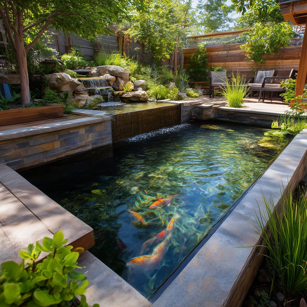 Raised koi pond with water flowing over edge