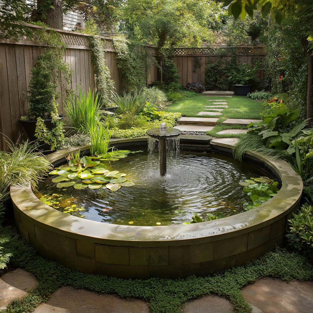 Raised circular koi pond with water fountain