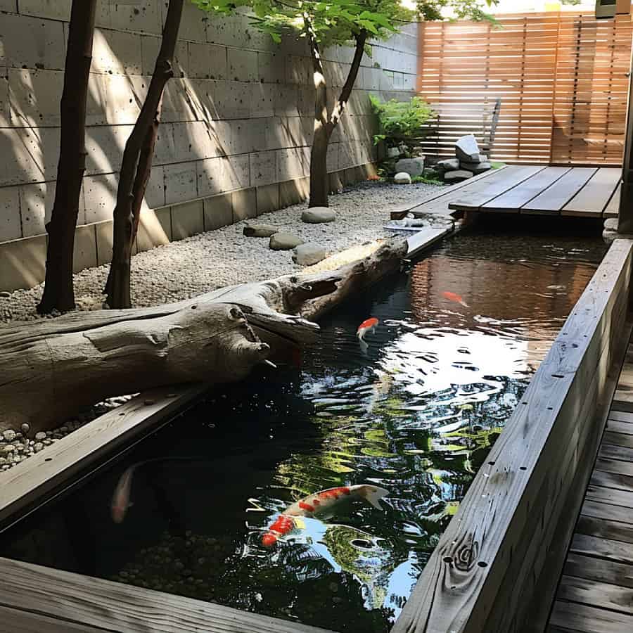 Koi pond with driftwood
