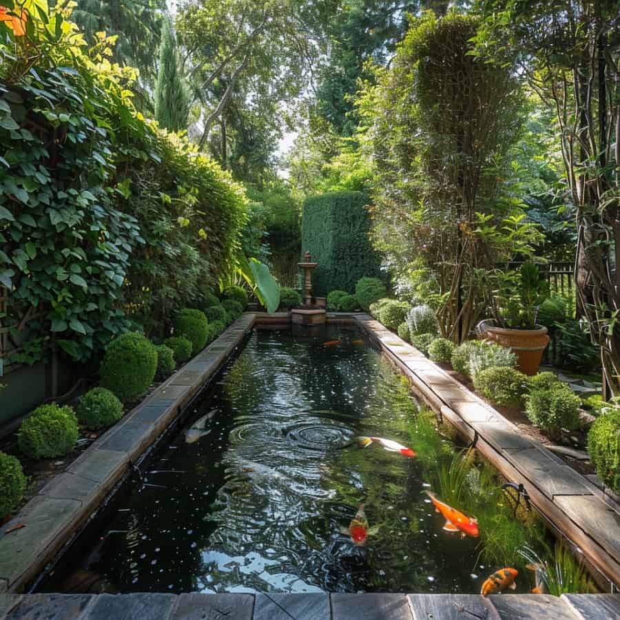 Rectangular koi pond surrounded by tall hedges