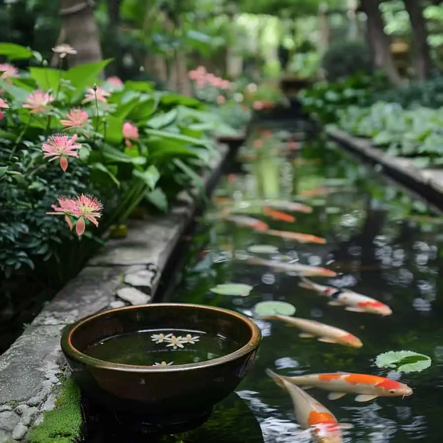 Koi pond with floating bowl
