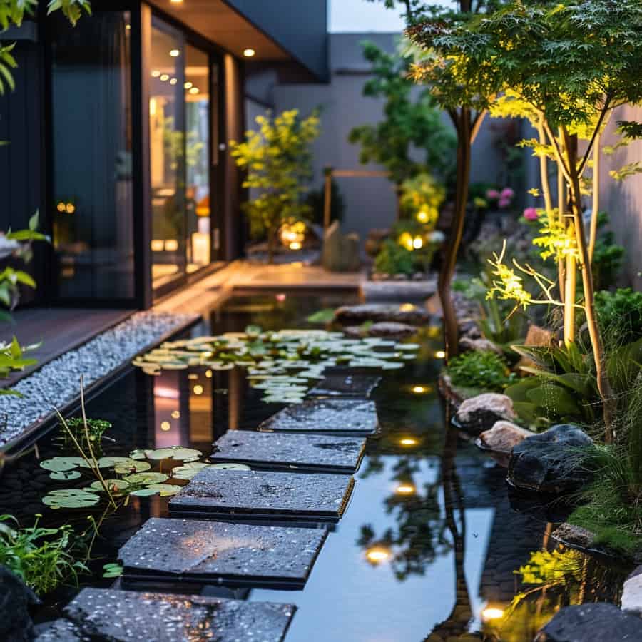 Koi pond with square stepping stones