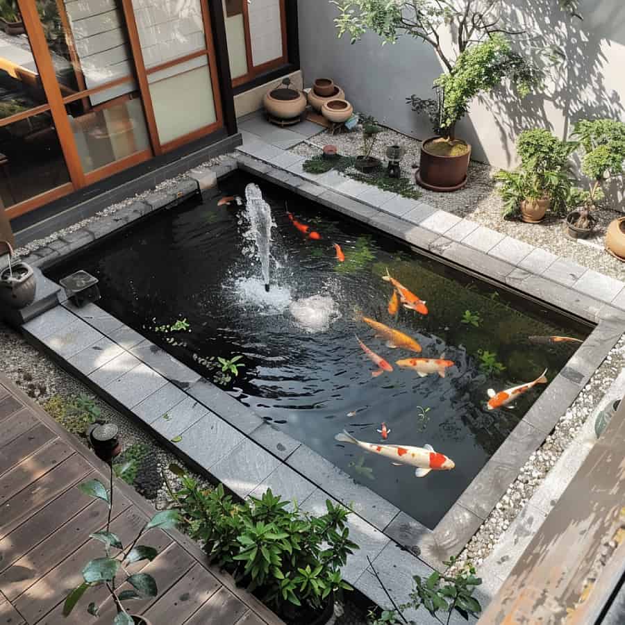 Rectangular koi pond with water fountain