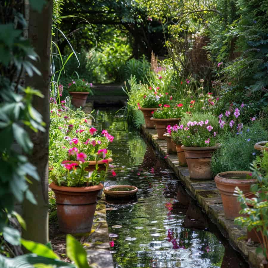 Koi pond lined with terracotta flowerpots