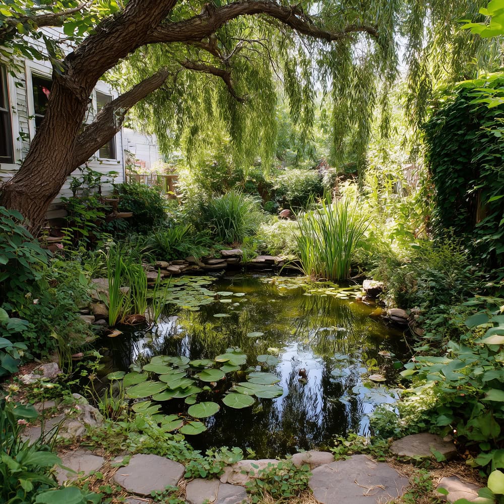 Small wildlife pond with dangling foliage and overhanging branches