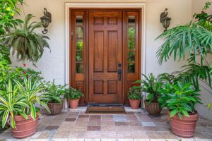 Potted plants by front door entrance