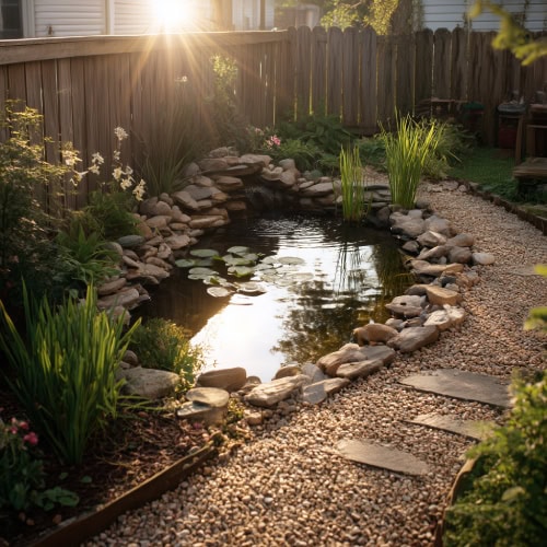 Small backyard pond with gravel pathway
