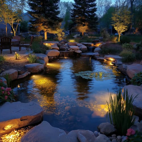 Backyard pond with underwater lighting
