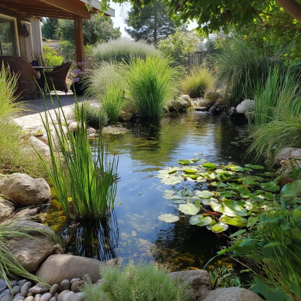 Patio pond with aquatic plants