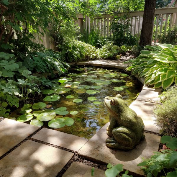 Patio pond with frog statue