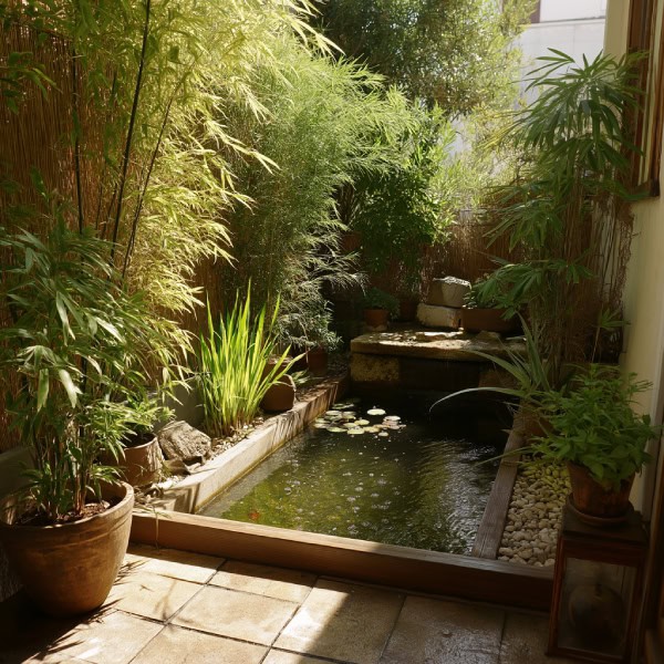 Small patio pond with bamboo plants