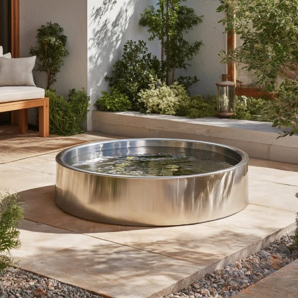 Circular stainless steel patio pond