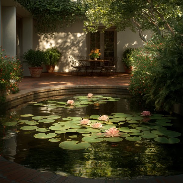 Patio pond with water lilies