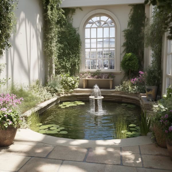 Indoor patio pond with fountain