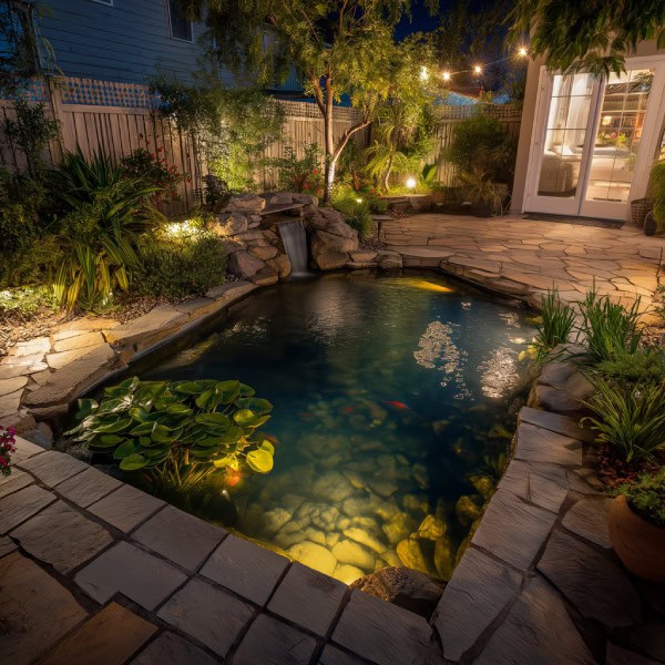 Patio pond illuminated at night