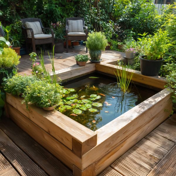 Small raised wooden patio pond