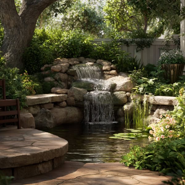 Rustic stone waterfall patio pond