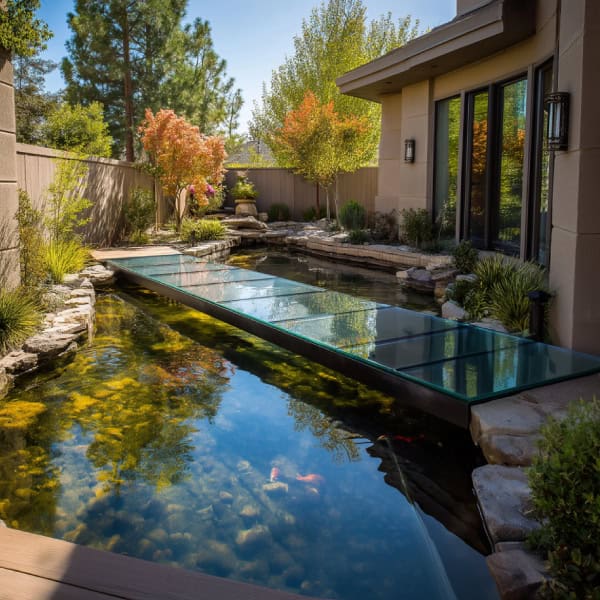 Modern pond with glass panel bridge