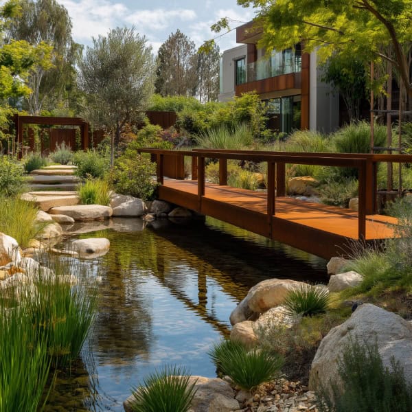 Rust-colored corten steel pond bridge