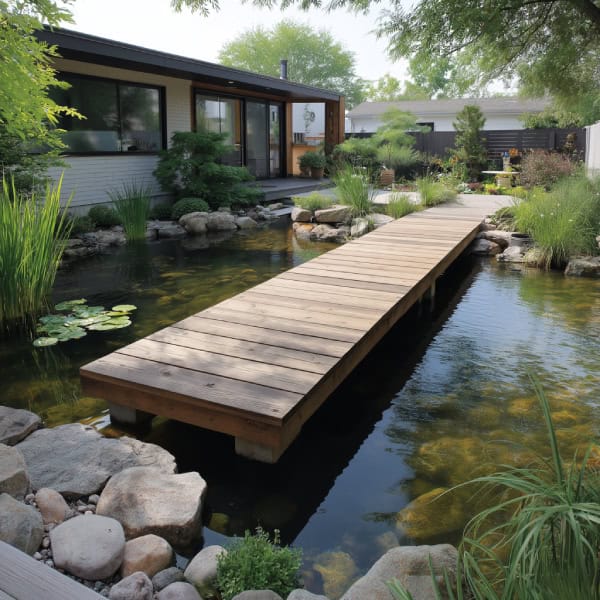 Floating wooden plank pond bridge