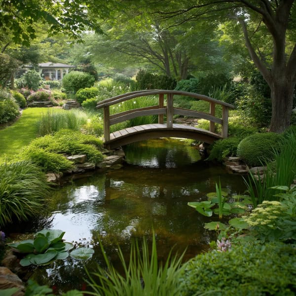 Hand-carved teak pond bridge