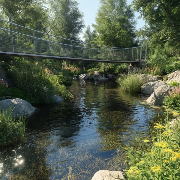 Modern steel cable pond bridge